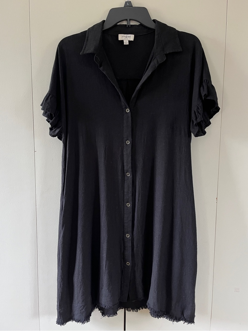 UMGEE Linen Rayon Shirtdress Dress Black Ruffle Sleeve Frayed Hem Beach Casual S